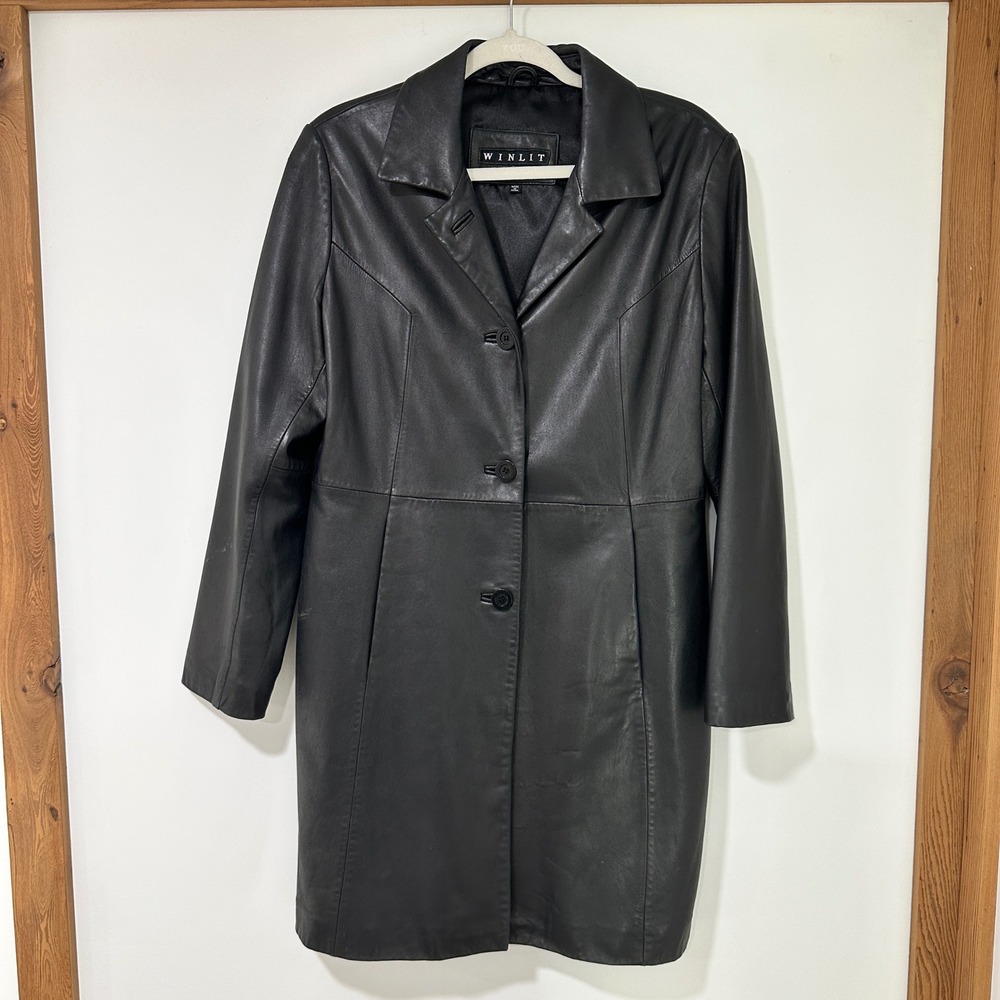 Winlit Genuine Leather Trench Coat Jacket Womens M Black Mid Length 3-Button